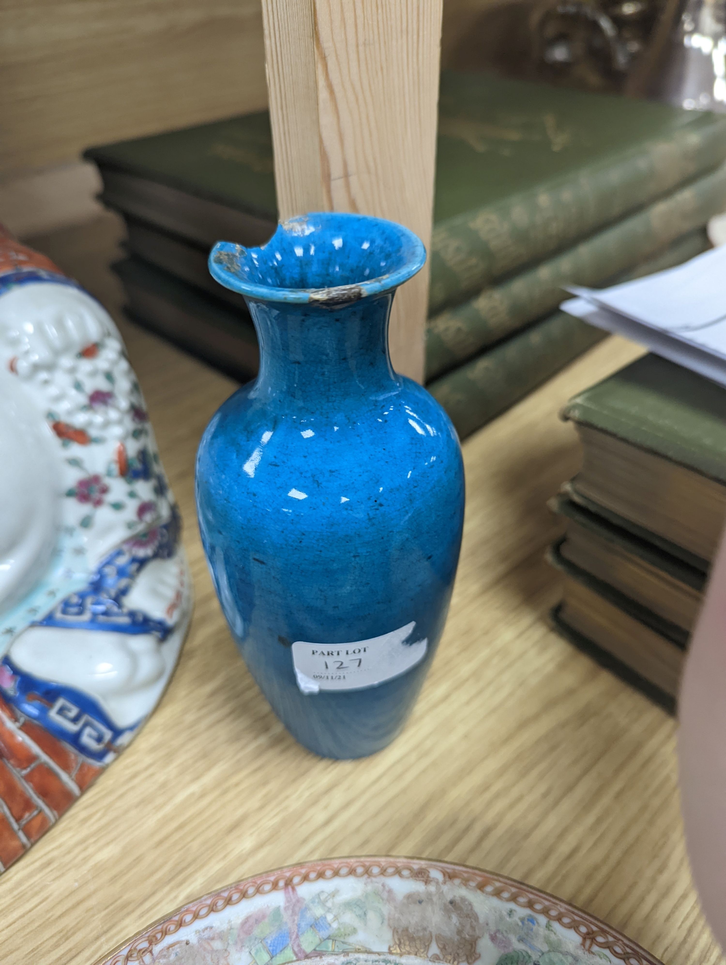 A Chinese famille rose vase, a figure of Budai, a turquoise glaze vase etc, vase 45 cms high.